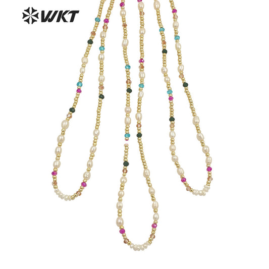 WT-JN222 INS HOT Trendy Colorful Tiny Stone Beads Necklace 16inch Elegant Lady Pearl Gold Beads Choker Necklace for Gift