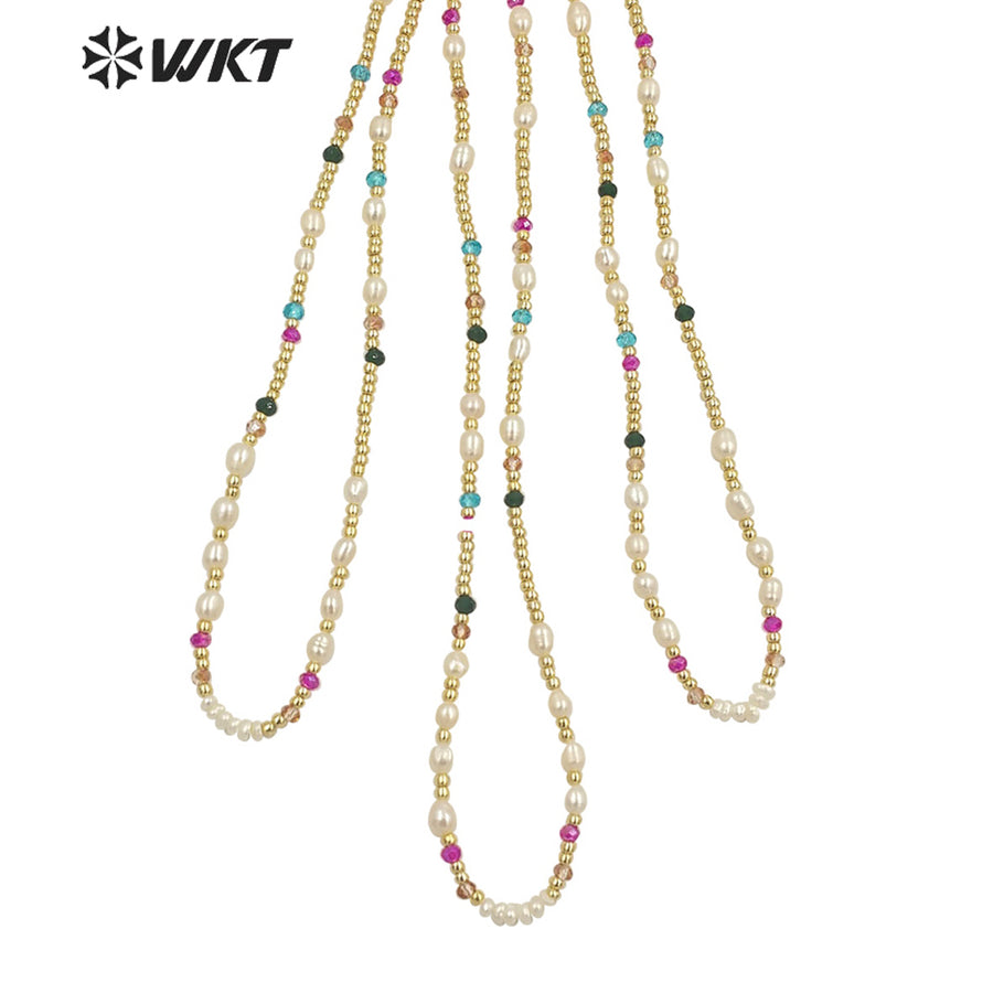 WT-JN222 INS HOT Trendy Colorful Tiny Stone Beads Necklace 16inch Elegant Lady Pearl Gold Beads Choker Necklace for Gift