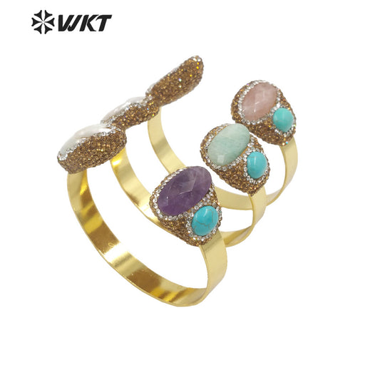 WT-MPB088 WKT Amazing Gorgeous Double Stone Bangle 18k Gold Plated Natural Sun Stone Amazonite Pearl Bangle in Adjustable