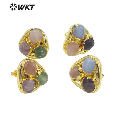 WT-E748 Newest WKT Exclusive Design Natural Triple Assemble Blue Agate Flower Shape Stone Studs America Hot Earrings