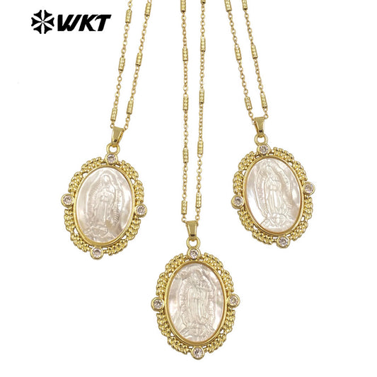 WT-JN271 WKT Exclusive Big Oval 18K Real Gold Plated Resist Tarnishable Religious Virgin Mary Shell Pendant Necklace Christian