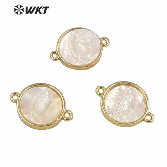 WT-MP169 Wholesale Gold Bezel MOP Jesus Mother Virgin Mary Pendant Gold Bezel Double Loops MOP Shell Mary Connectors Pendant
