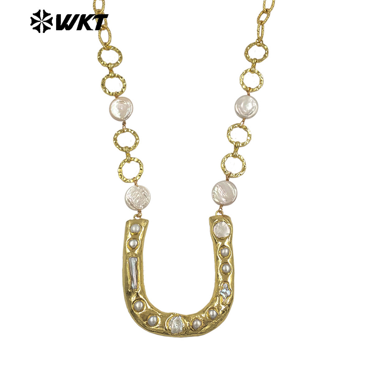 WT-JN368 Luxury Gold Plated Natural Freshwater Pearl Chain And U Shape Big Pendant Necklace For Girls Anniversary Present