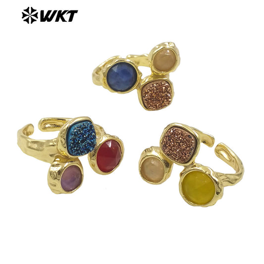 WT-R521 Wholesale 18K Real Gold Plated Triple Druzy Quartz Women Natural Stone Made Birthday Gift Ring