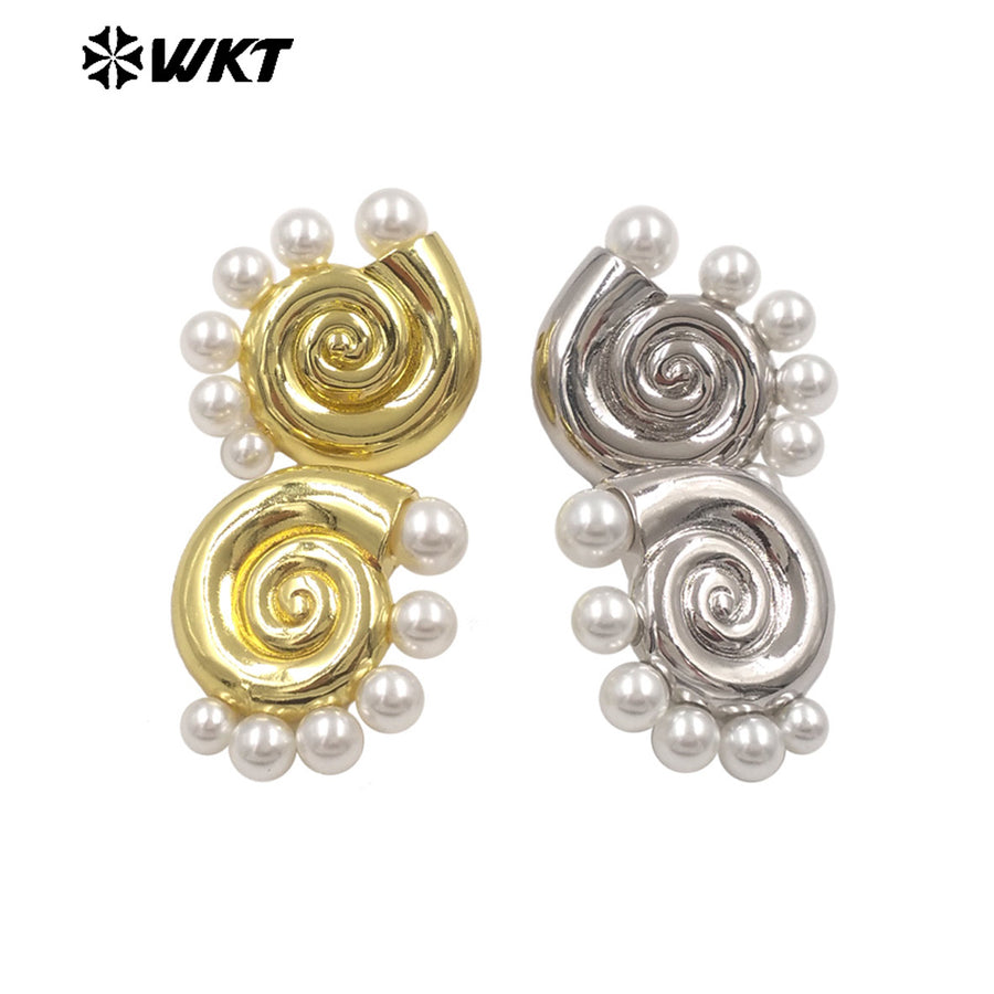 WT-ME130 Summer Hot Sales Gold And Silver Plated Brass With Artificial Pearl Shell Shape Earrings For Daily Casual Wearing