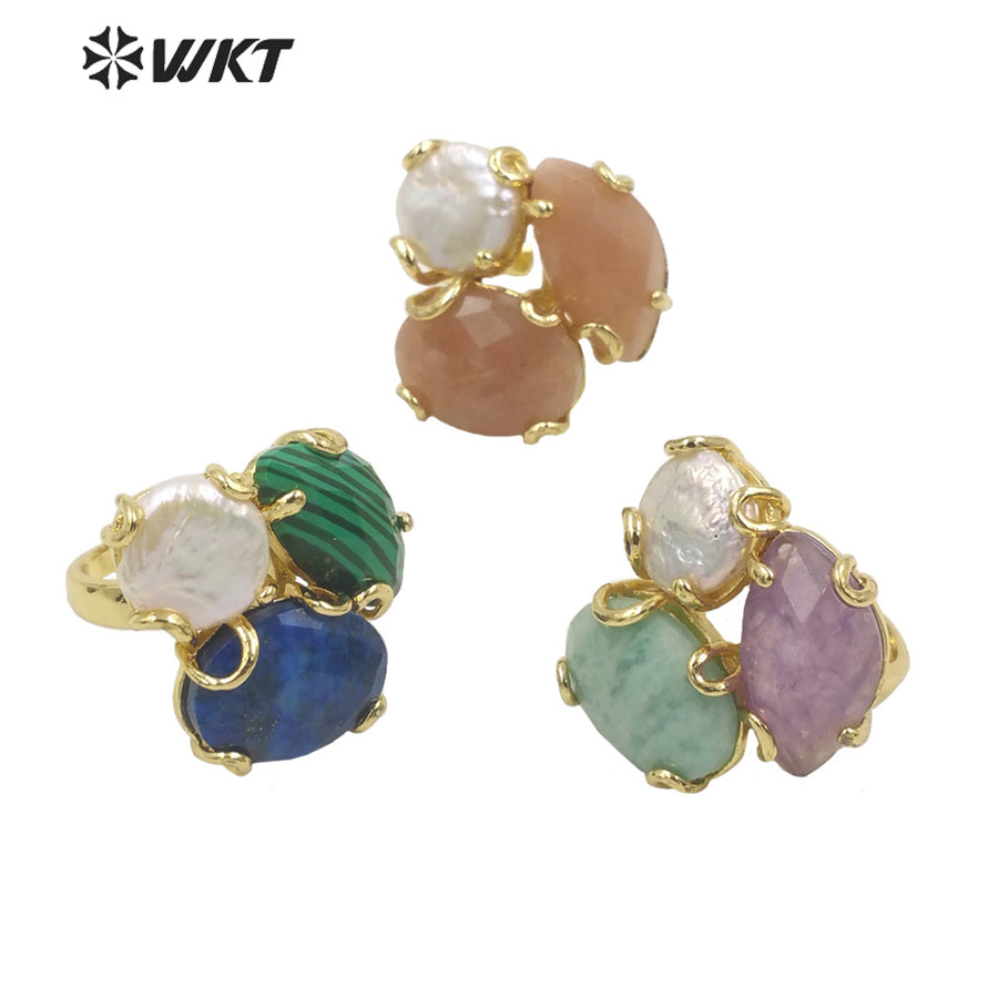 WT-R418 Women 18k Real Gold Plated Resist Tarnishable Triple Stone Prong Setting Natural Stone and Pearl Mix Party Ring