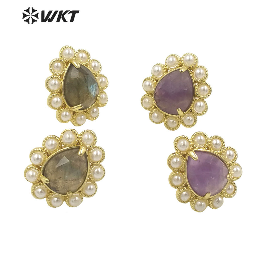 WT-MPE124 Charming Drop Natural Gemstone Made With Artificial Pearl Gold Bezel Setting Women Earring Studs