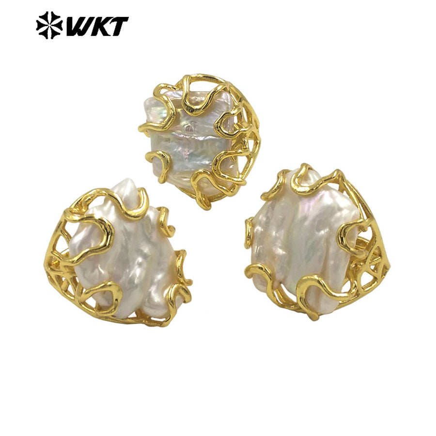 WT-MPR122 Wholesale Fashion Gold Plated Clawing Setting Natural Freshwater Pearl Women Ring for Birthday Gift