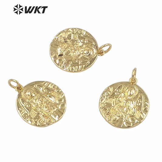 WT-MP150 Unique Full Gold Electroplated Yellow Brass Metal Base Round Tiny Coin Pendant Hot Gold Women Fashion Christian Angel