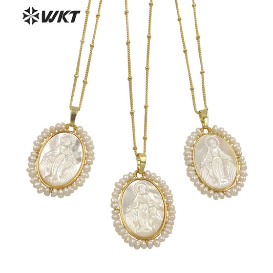 WT-JN156 Newest Charming Tiny Pear Handmade Wire Wrapped Gold Bezel Virgin Mary Shell Necklace Religious White Shell Necklace