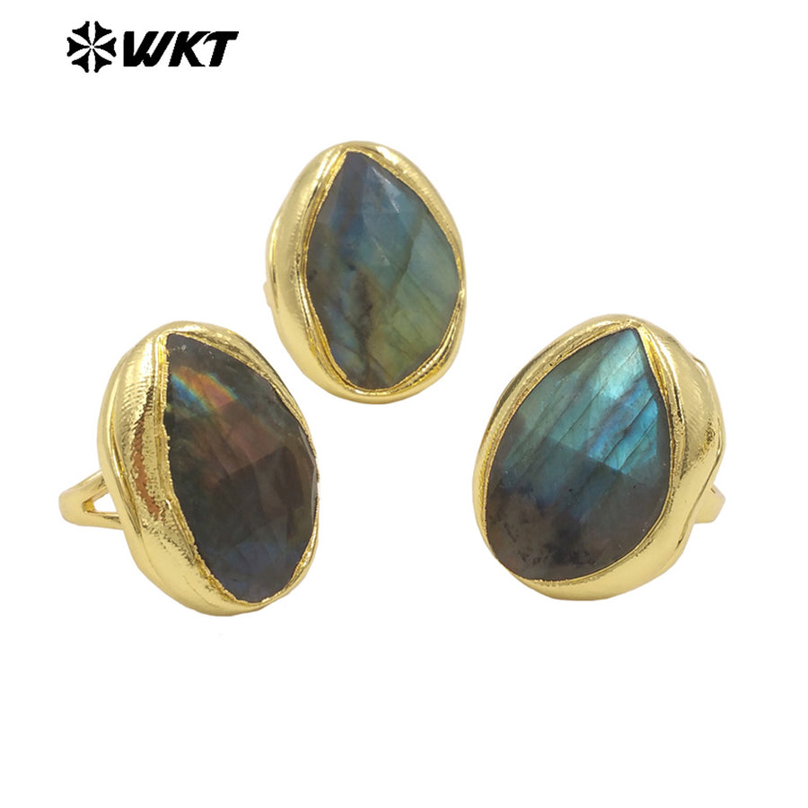WT-R557 Customized Beautiful 18K Gold Plated Drop Shaped Labradorite Opening Adjustable Daily Decorative Ring for Unisex Jewelry