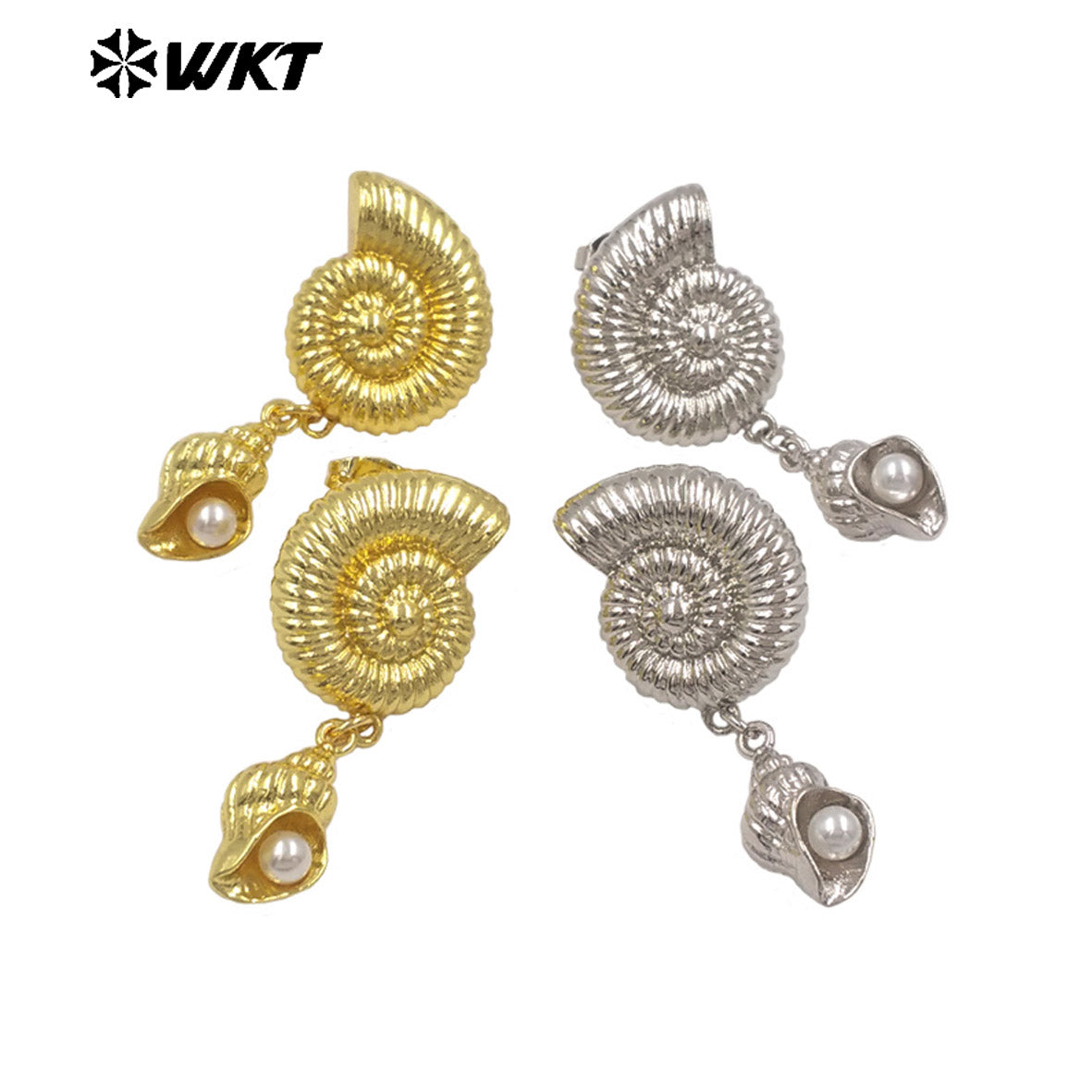 WT-ME131 Boutique Gold And Silver Plated Brass Charms With Artificial Pearl Shell Shape Earrings For Women Vacation Jewelry