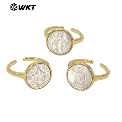 WT-MPR091 WKT New Religious Jewelry Design Elegant White Mop Carved Lady of Grace Saint Ring for Women