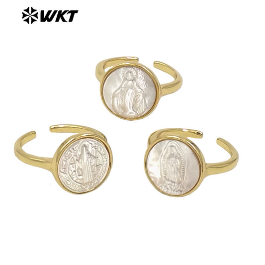 WT-MPR091 WKT New Religious Jewelry Design Elegant White Mop Carved Lady of Grace Saint Ring for Women