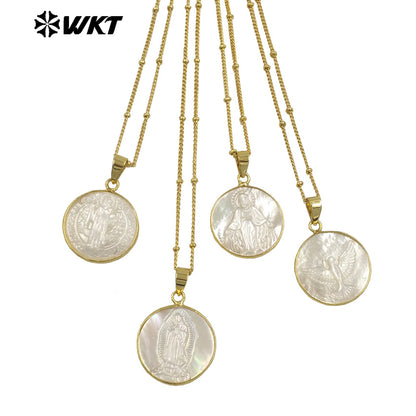 WT-JN032 New Hotsales White Shell Carved Mary of Guadalupe Pendant Necklace, Gold Bezel White Shell Jesus Mary Necklace