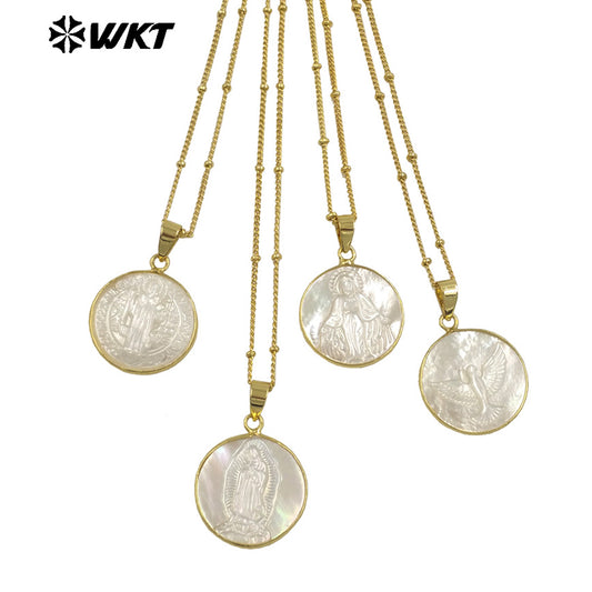 WT-JN032 New Hotsales White Shell Carved Mary of Guadalupe Pendant Necklace, Gold Bezel White Shell Jesus Mary Necklace