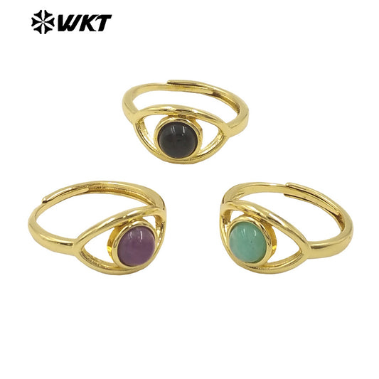 WT-R538 Wholesale Fashion Gold Plated Charming Eye Shape With Natural Amazonite Gemstone Party Ring in Adjustable Size