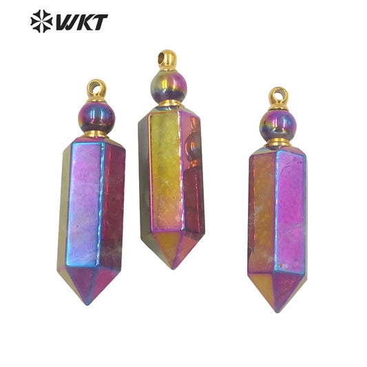 WT-P1615 Amazing Gold Hexagon Spirit Quartz Women Fashion Perfume Bottle Pendant New Spirit Point Essencial Oil Pendant Rainbow