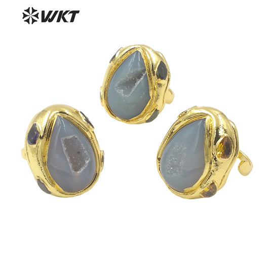 WT-R500 Gorgeous 18K Gold Plated Natural Druzy Geode Agate Teardrop Fashion Designer Unique Grey Stone Jewelry Ring