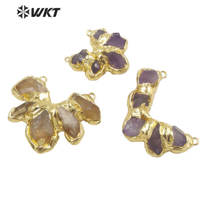 WT-C313 Amazing Handmade Natural Raw Amethyst and Yellow Citrine Quartz Pendant Gold Double Loops Stone Statement Connector