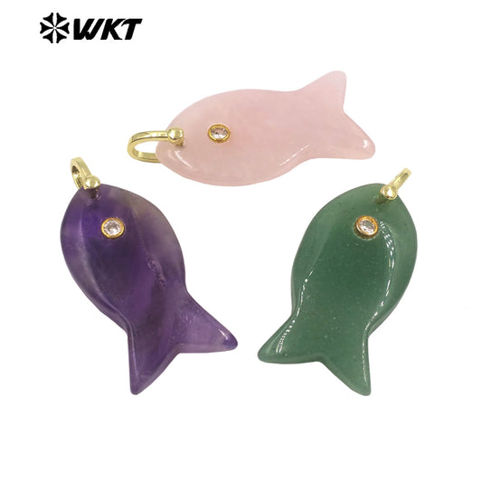 WT-P2088 Popular Interesting Style Zircon And Natural Gemstones Fish Shape Gold Pendant As Female Jewelry DIY Accessories