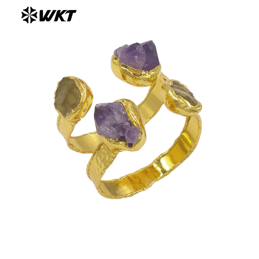 WT-B700 Fashion Raw Quatrz And Natural Irregular Amethyst Stone Gold Plated Bangles Women Jewelry Wearing On Vacation