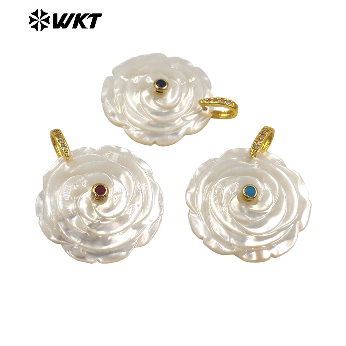 WT-JP474 High Quality Zircon Setting In Mother Of Pearl Hand Carved Flower Shape Gold Pendants As Necklace DIY Accessories