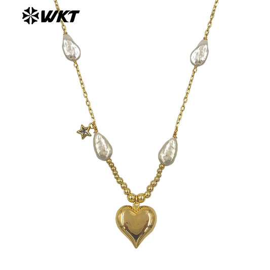 WT-JN320 New Sales Natural Freshwater Pearl Necklace With Gold Plated Heart Moon Star Charms Beautiful Jewelry Romantic Style