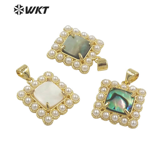 WT-JP356 Unique Gold Claw Setting Natural Square Abalone Shell Pendants With Artificial Pearl Charming Jewelry Pendants