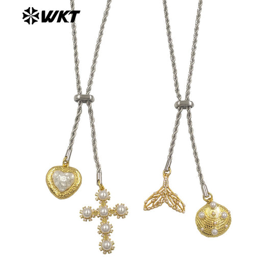 WT-JFN55 Exquisite Gold Plated Brass And Artificial Pearl Cross Heart Charms With Silver Metal Chain Necklace For Party Wearing