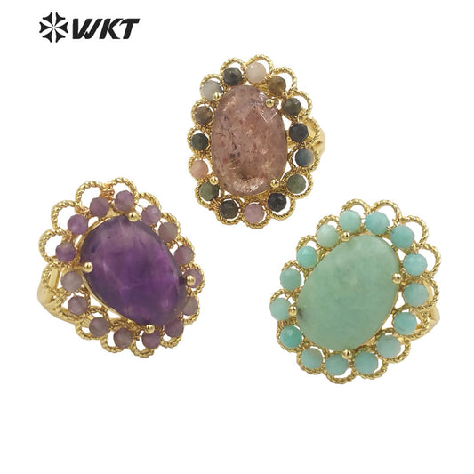 WT-R460 Wholesale Newest Gorgeous Women Oval Natural Amazonite Wedding Ring Faceted Stone Beads Anniversary Ring in Gold