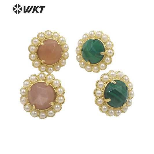 WT-MPE121 Wholesale Fashion Gold Plated Round Pearl Setting with Claw Gorgeous Natural Sun Stone Earring Studs