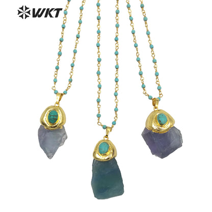 WT-N1288 Amazing Natural Raw Blue Fluorite Stone Necklace with Turquoise Charm High Fashion Gold Plated Gemstone Necklace