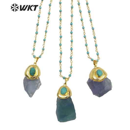 WT-N1288 Amazing Natural Raw Blue Fluorite Stone Necklace with Turquoise Charm High Fashion Gold Plated Gemstone Necklace