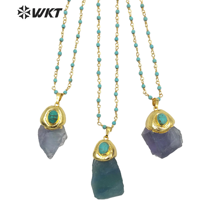 WT-N1288 Amazing Natural Raw Blue Fluorite Stone Necklace with Turquoise Charm High Fashion Gold Plated Gemstone Necklace