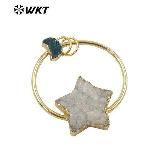 WT-P1782 Cute Star Moon Aura Druzy Quartz Small Delicate Pendant with Moon Round Stone Crystal Pendant for Women Gifts