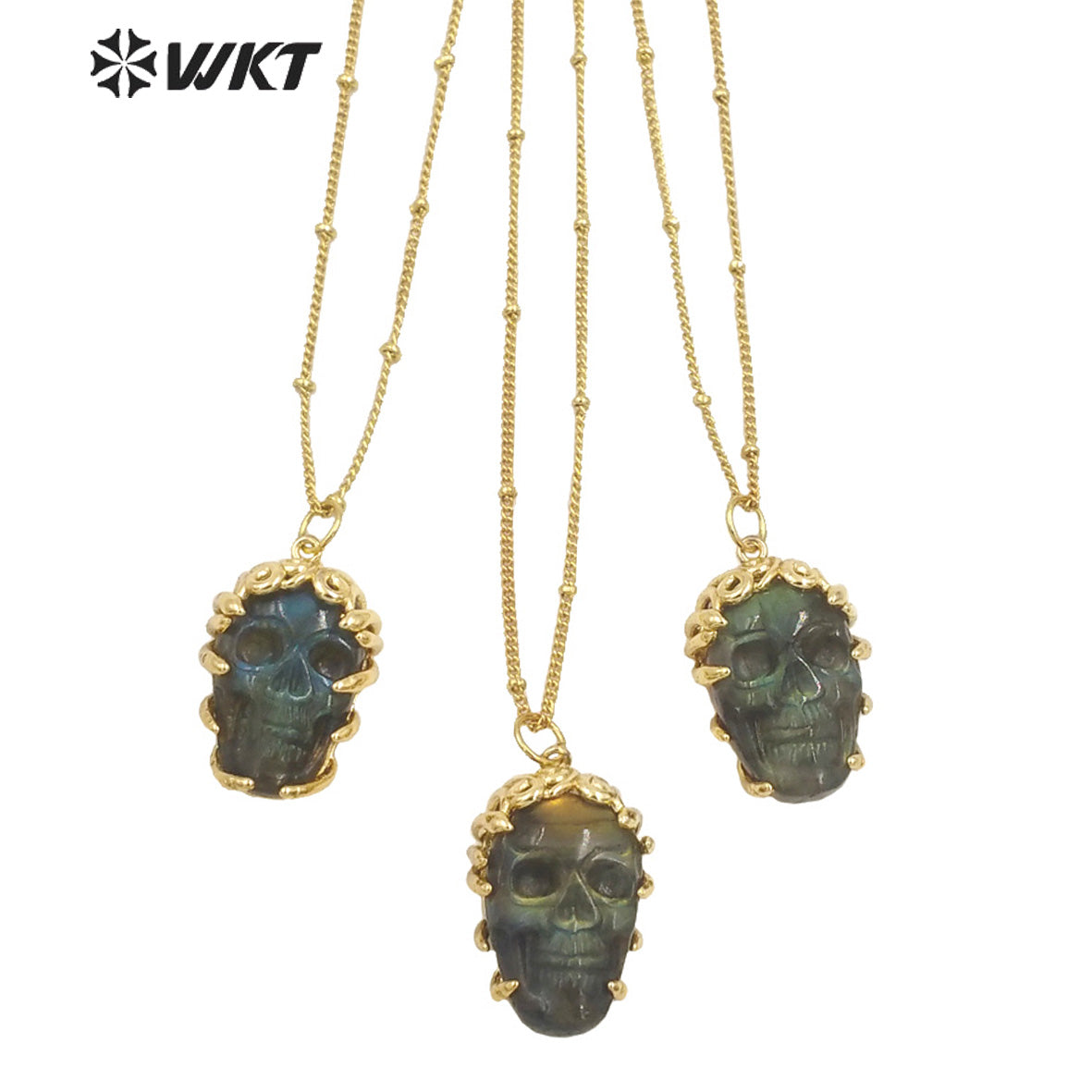 WT-N1462 Hollowen Unique Gift 18K Real Gold Plated Skull With Bezel Setting Labradorite Stone Pendant Necklace