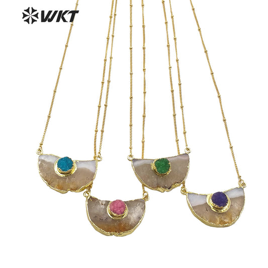 WT-N1210 Newest Natural Yellow Citrine Quartz Necklace With Round Druzy Quartz Charm Fashion Charm Jewelry Yellow Stone Necklace