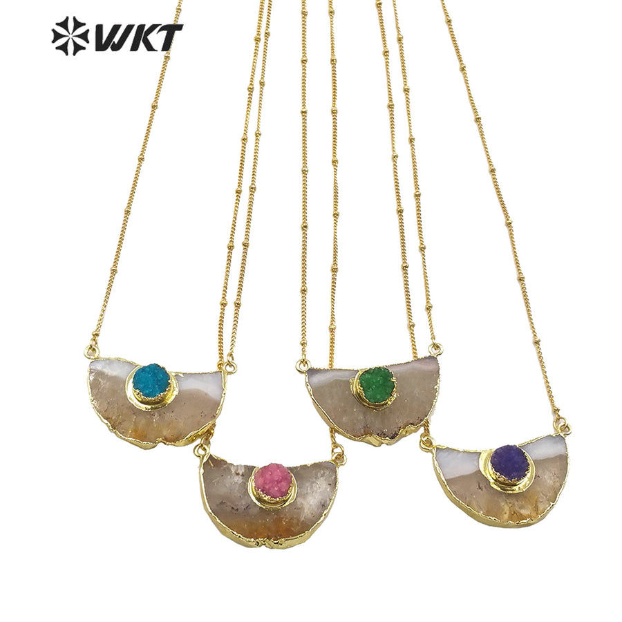 WT-N1210 Newest Natural Yellow Citrine Quartz Necklace With Round Druzy Quartz Charm Fashion Charm Jewelry Yellow Stone Necklace