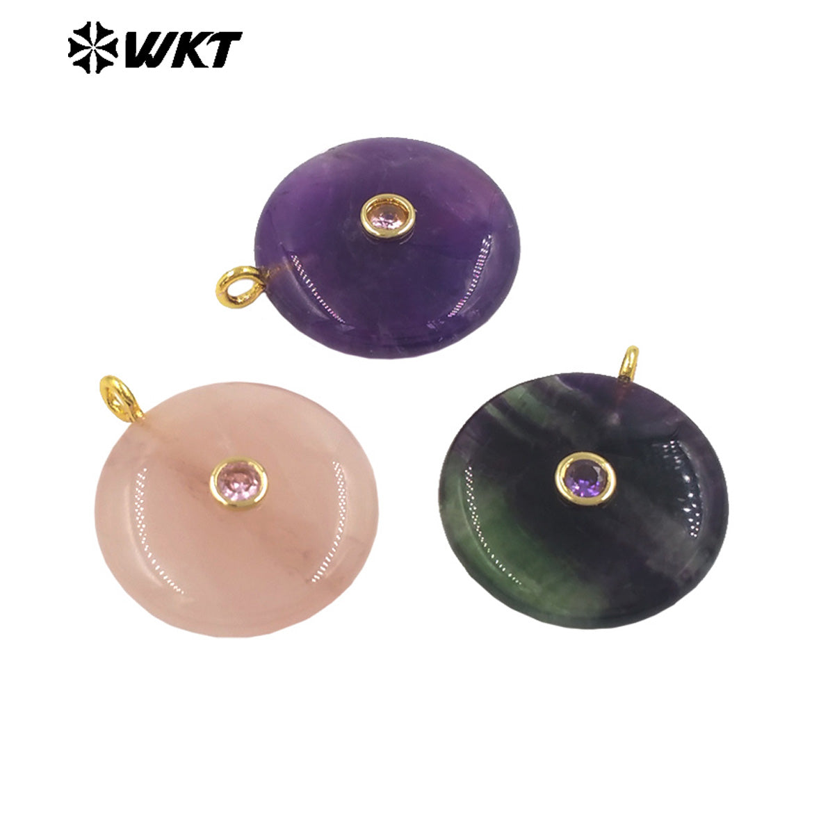WT-P2086 Good Quality Amethyst Various Natural Gemstone And Zircon Round Gold Pendant For Simple Style Necklace Earring Making