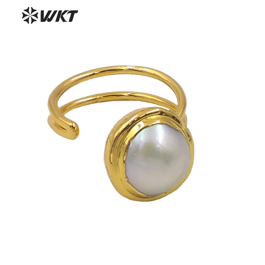 WT-MPR012 Newest Spring Design Gorgeous Fashion Gold Electroplated Adjustable Size Round Fashion Pearl Cocktail Ring for Wedding