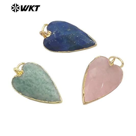 WT-P1965 Wholesale Fashion Gold Plated Long Drop Hand Carved Double Faceted Heart Stone Jewelry Pendants