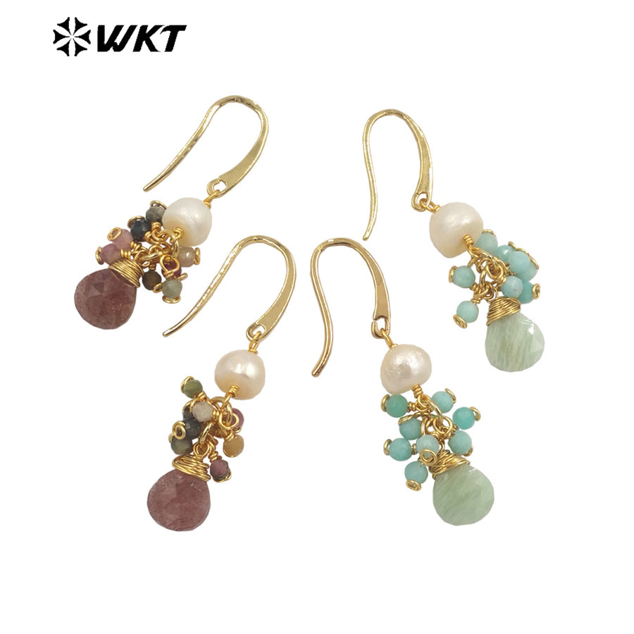 WT-E722 WKT Exclusive Design Handmade Precious Tiny Stone Charm Earrings Attractive Long Dangle Birthday Stone Earrings