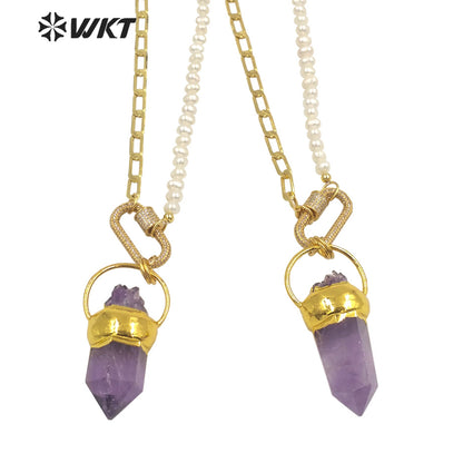 WT-N1303 Wholesale 18k Real Gold Plated Gorgeous Natural Amethyst Stone Necklace in 16 Inch Women Pearl Chain Stone Necklace