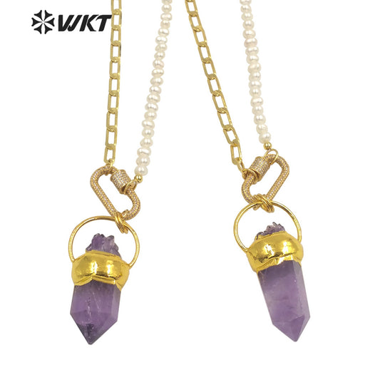 WT-N1303 Wholesale 18k Real Gold Plated Gorgeous Natural Amethyst Stone Necklace in 16 Inch Women Pearl Chain Stone Necklace