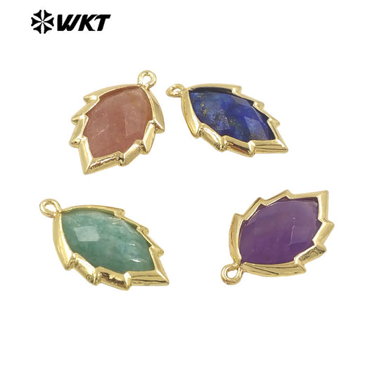WT-P1990 Simple and Small Natural Multi-Type Gemstone 18K Gold Plated Delicate Leaf Shape Pendant Unisexes Jewelry DIY Necklace