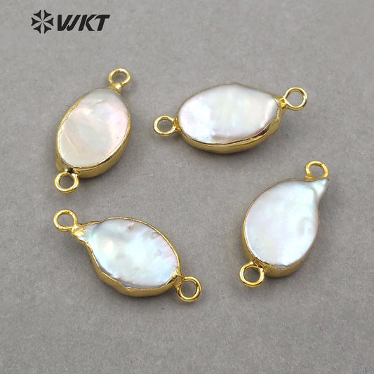WT-JP131 Natural Freshwater Pearl Pendant 18K Gold Electroplated for Jewelry Making White Pearl Oval Pearl Connectors