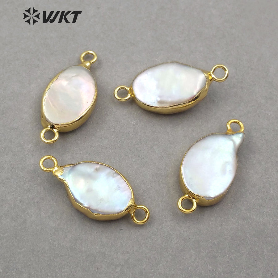 WT-JP131 Natural Freshwater Pearl Pendant 18K Gold Electroplated for Jewelry Making White Pearl Oval Pearl Connectors