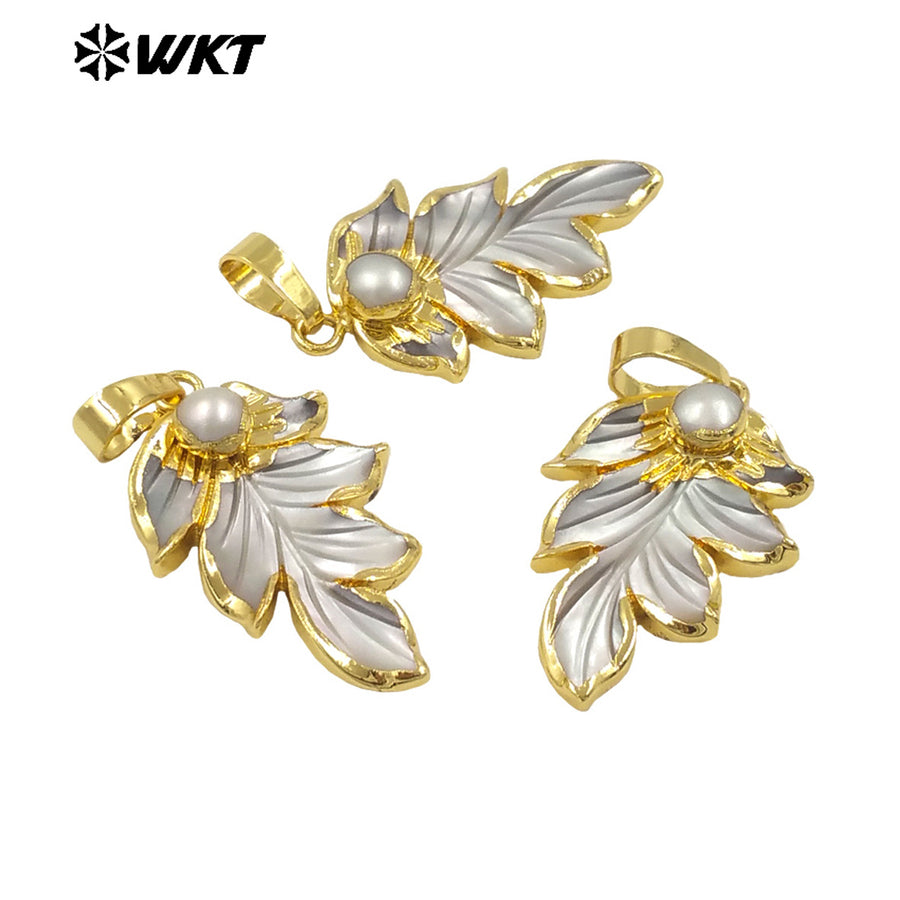 WT-JP385 Wholesale New Innovations Unisex 18K Gold Plated Mother of Pearl Leaf Pendant for Necklace Jewelry Accessory