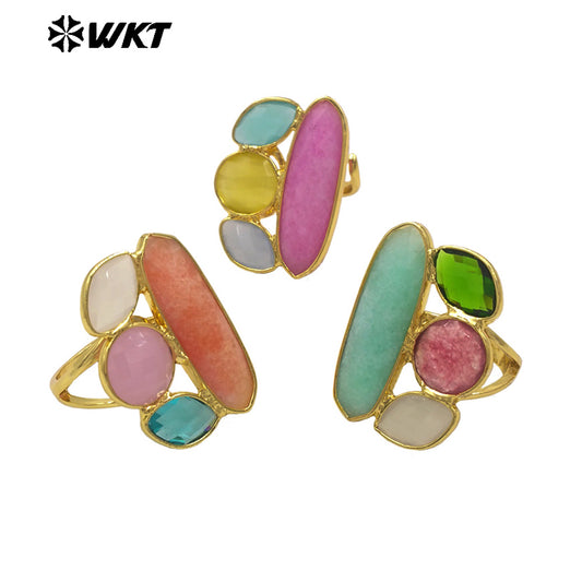 WT-R580 Delicate Gold Plated Multiple Natural Cat Eye Stones Colorful Women Rings For Lady Dance Party Decorative Jewelry